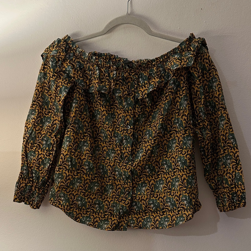 J. Crew Off-Shoulder Blouse - Green and Brown - Preloved